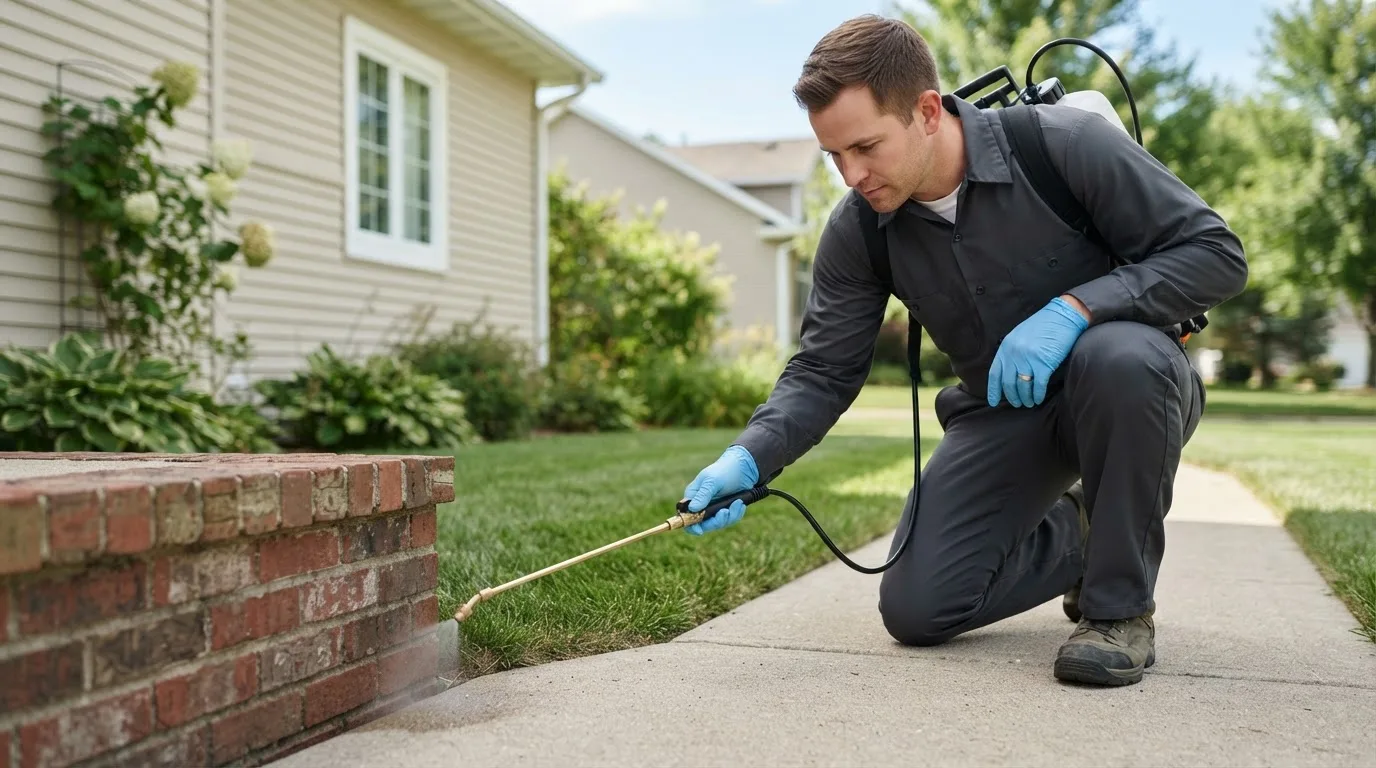 Pest control technician treating a home near Garrison, IA